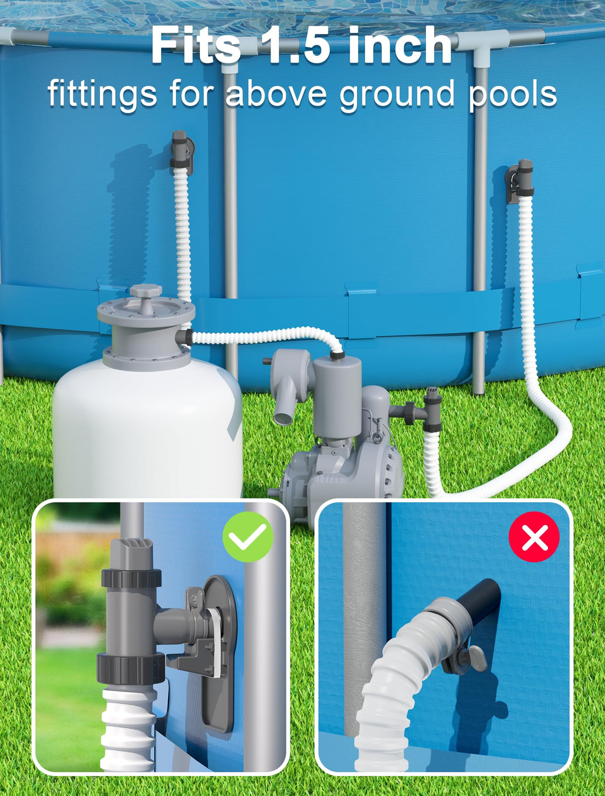 POOLHOUR wall-mount connection fits standard fittings for easy setup.