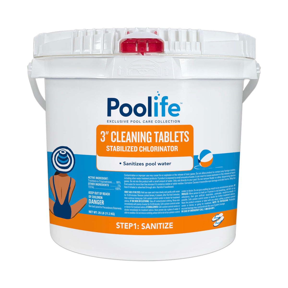 Poolife 3-Inch Cleaning Tablets bottle shows stabilized chlorine for steady pool sanitization.