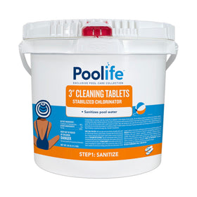 Poolife 3-Inch Cleaning Tablets bottle shows stabilized chlorine for steady pool sanitization.