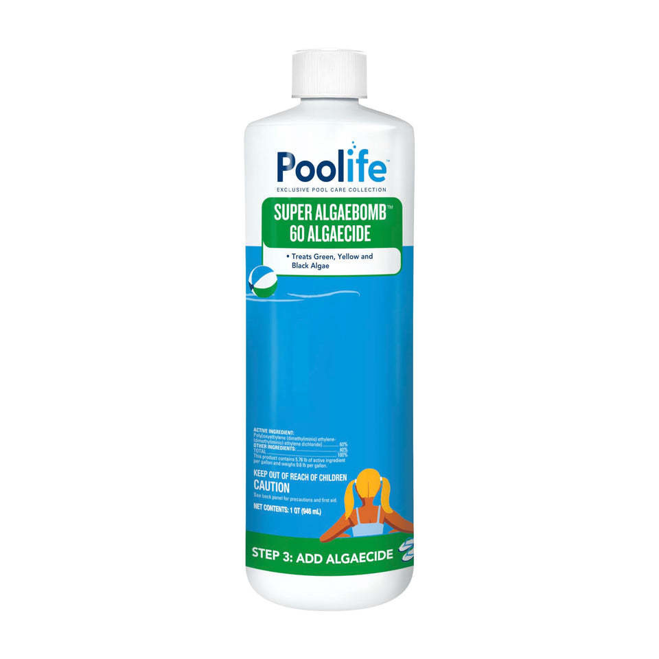 Poolife Algae Bomb bottle close-up, showcasing fast-acting algae defense for pools and spas.