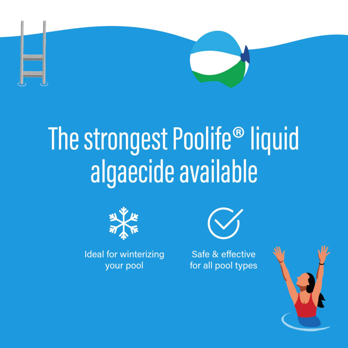 Poolife Algae Bomb product label highlights 60% polyquat protection for year-round algae defense.