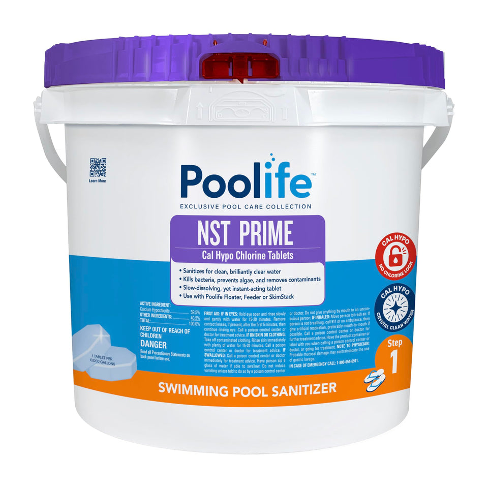Poolife NST Prime tablets in a 9 lb bag ready for pool sanitization.