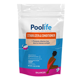 Poolife Stabalizer & Conditioner bottle pour demonstrates easy dosing for longer-lasting chlorine.