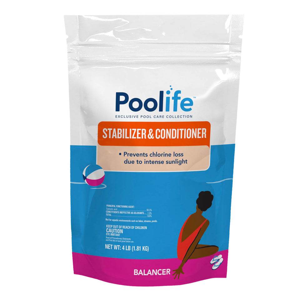Poolife Stabalizer & Conditioner bottle pour demonstrates easy dosing for longer-lasting chlorine.