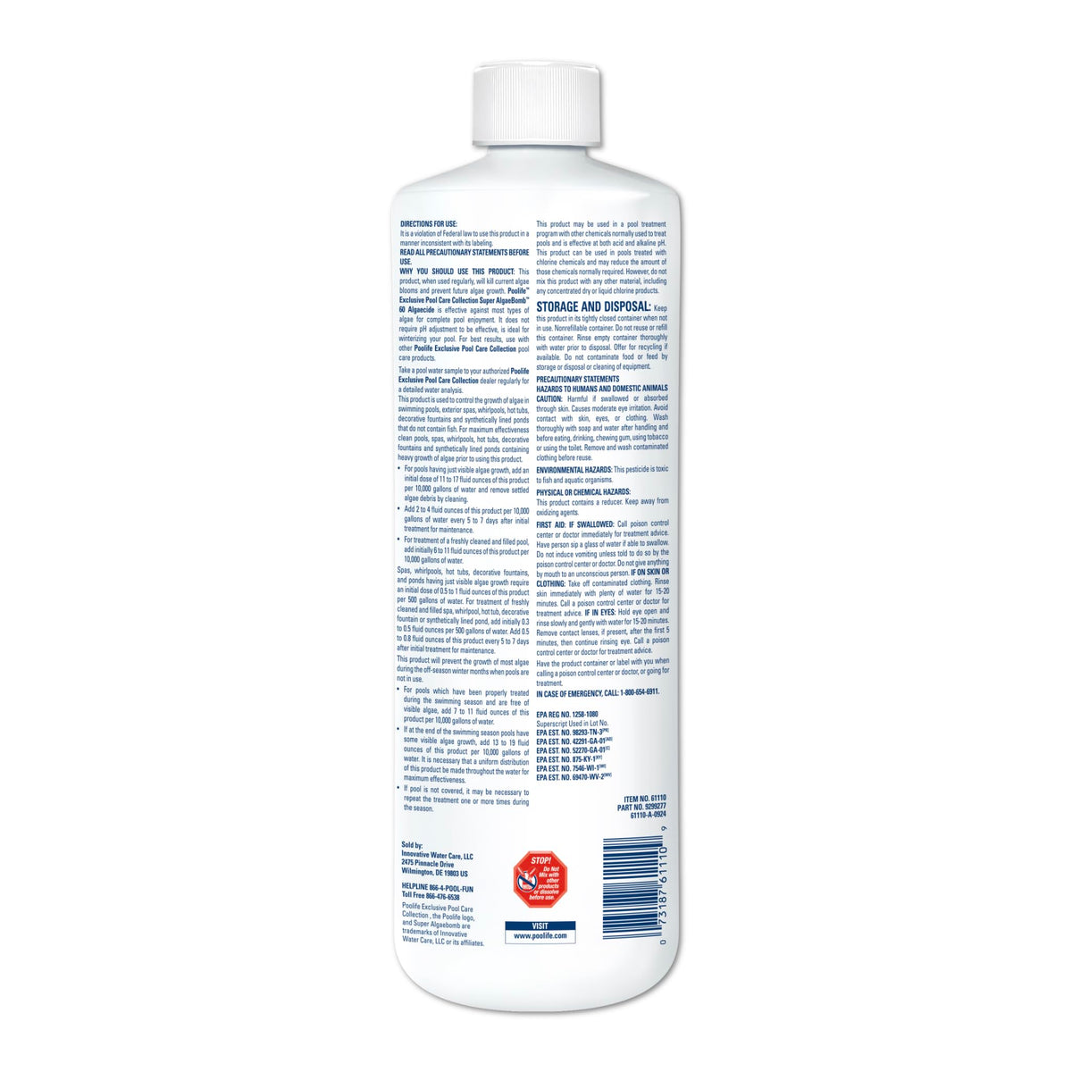 POOLIFE Super Algae Bomb 60 combats green, black, and mustard algae.