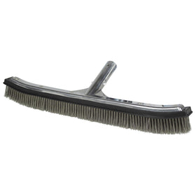 Poolmaster 18-Inch algae brush with wide head on pool wall for fast cleaning.