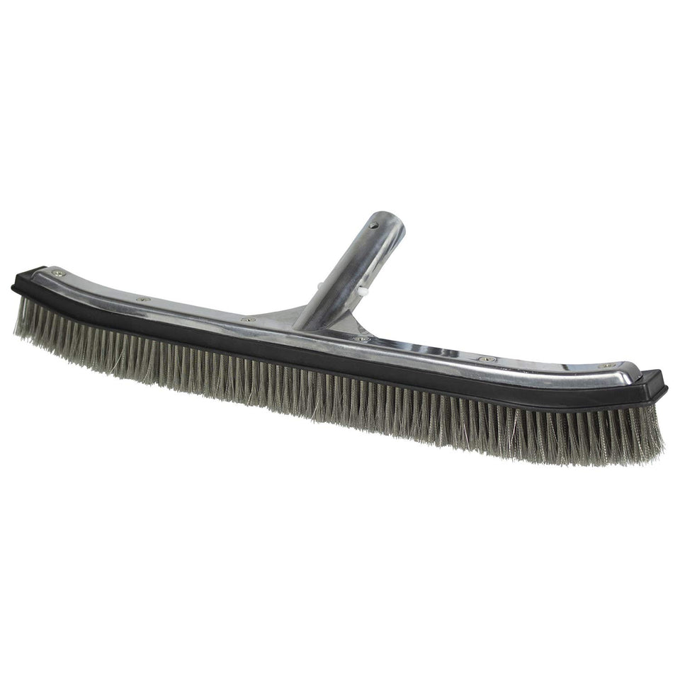 Poolmaster 18-Inch algae brush with wide head on pool wall for fast cleaning.