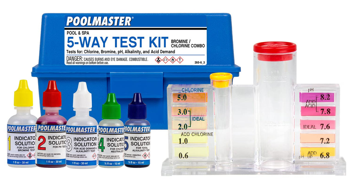 Poolmaster 22260 5-Way test kit case keeps tools organized for easy testing.
