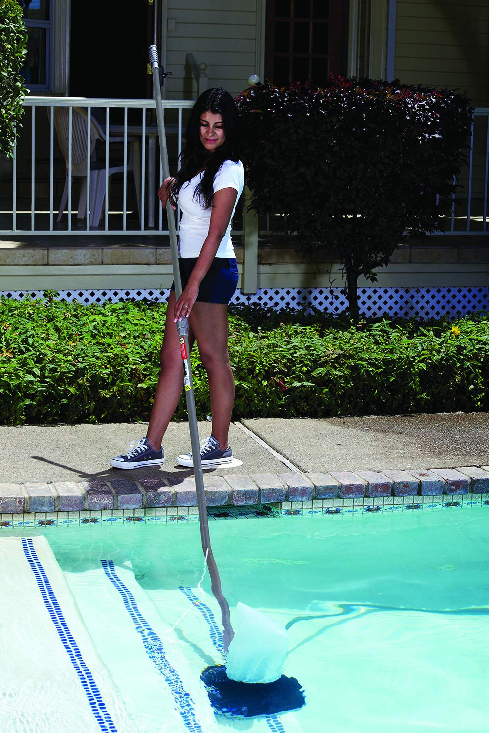 Poolmaster aluminum handle provides sturdy grip during cleaning.