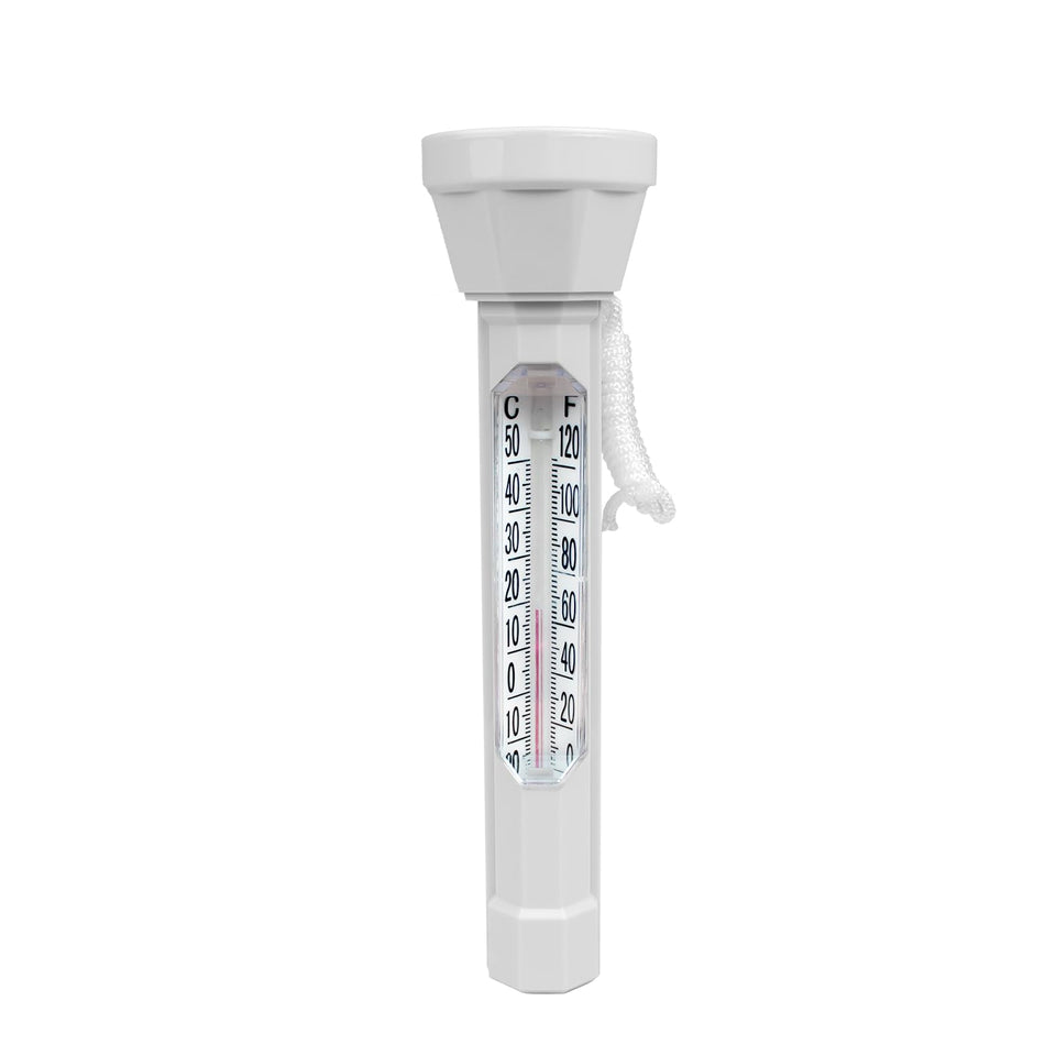 Poolmaven analog 8-inch thermometer with easy-to-read scale for pools and spas.