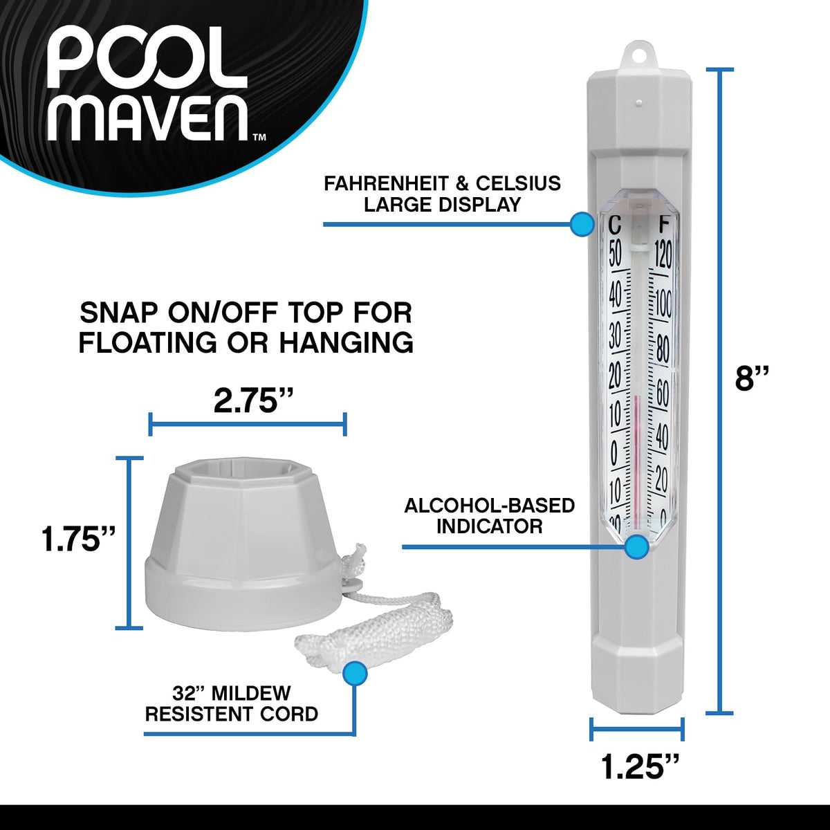 Poolmaven floating thermometer stays upright on the water surface for quick readings.