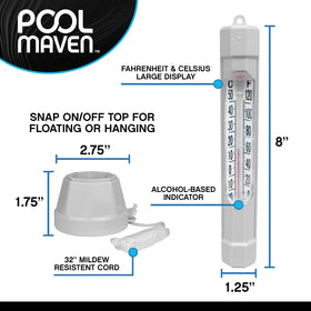 Poolmaven floating thermometer stays upright on the water surface for quick readings.