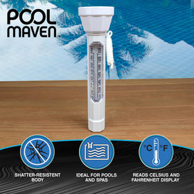 Poolmaven tether cord secures thermometer to ladder or railing to prevent drifting.