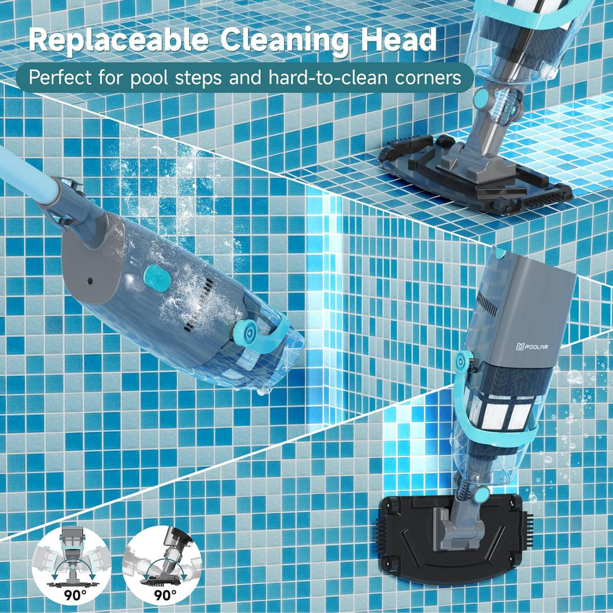 PoolMr cordless handheld pool vacuum brush-head for corners and steps