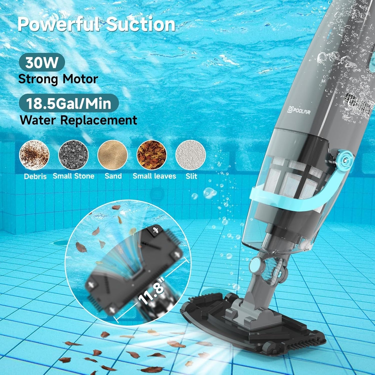 PoolMr cordless handheld pool vacuum dual-phase cleaning captures leaves and sand