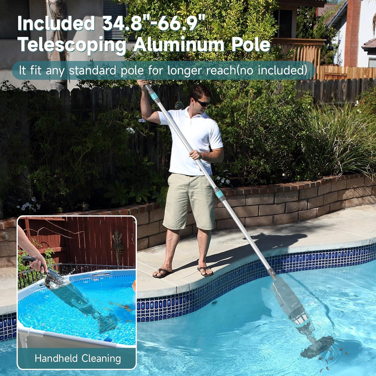 PoolMr cordless handheld pool vacuum telescopic pole extends reach