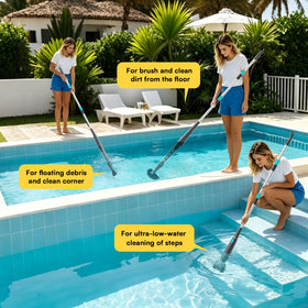 PoolMr vacuum with three brush heads tackles corners, flat surfaces, and debris
