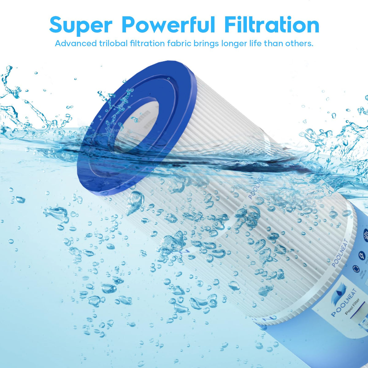 POOLNEAT easy-clean pleats enable thorough rinsing and reuse after filtering.