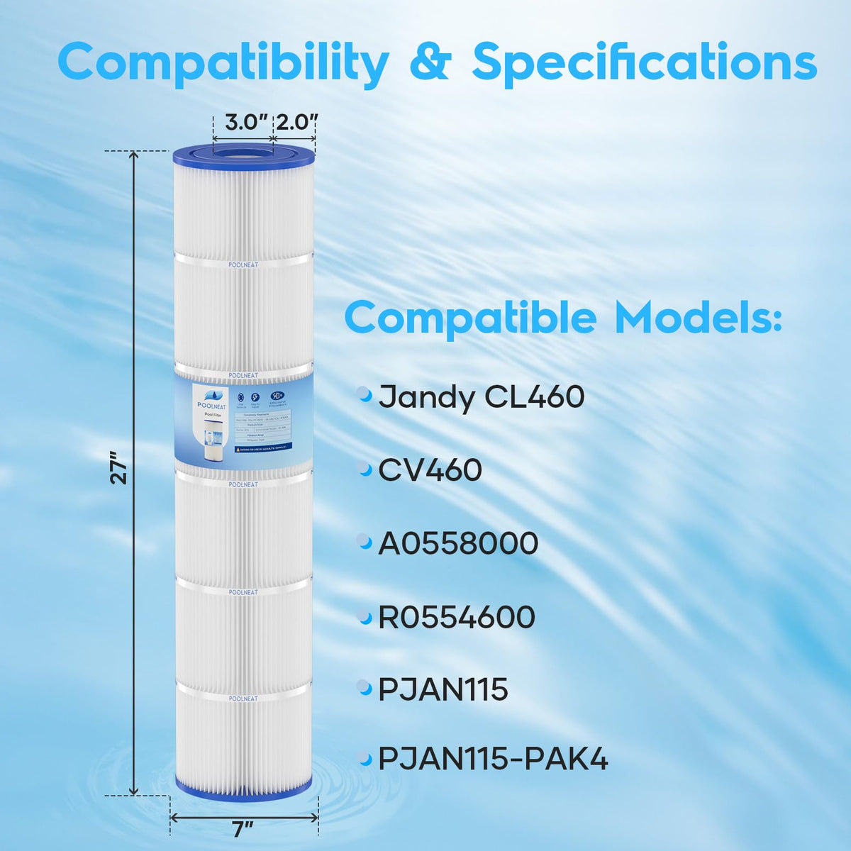 POOLNEAT CL460 pleated cartridge design enhances dirt-holding capacity and cleaning ease.