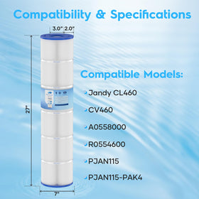 POOLNEAT CL460 pleated cartridge design enhances dirt-holding capacity and cleaning ease.
