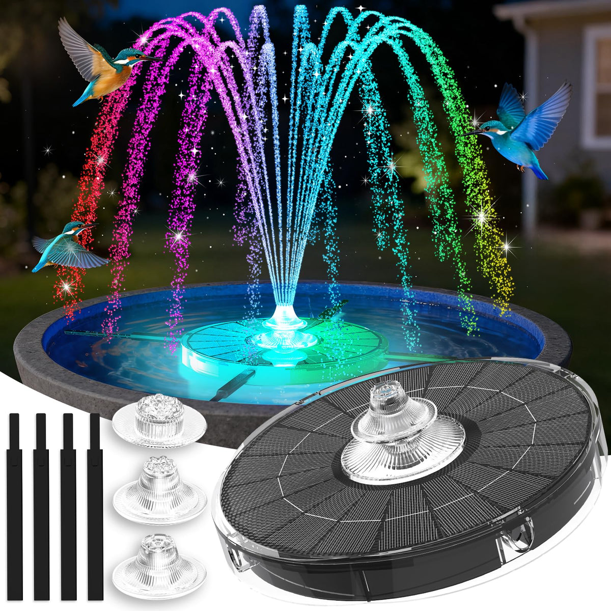 PoolPop birdbath fountain visible in pond with a gentle water spray