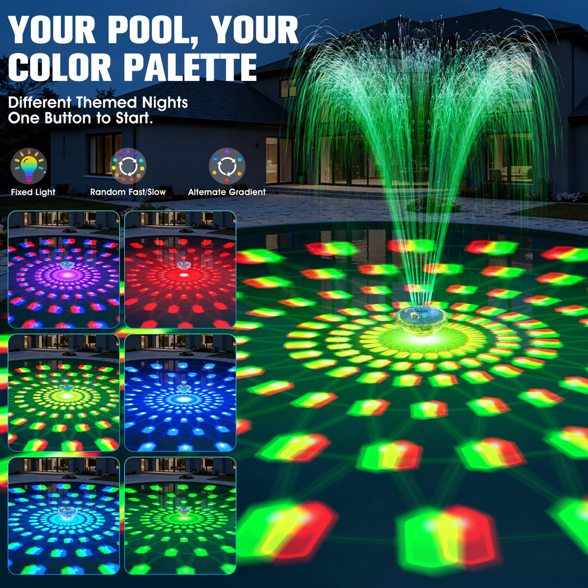 PoolPop floating LED fountain light enhances nighttime pool ambiance.