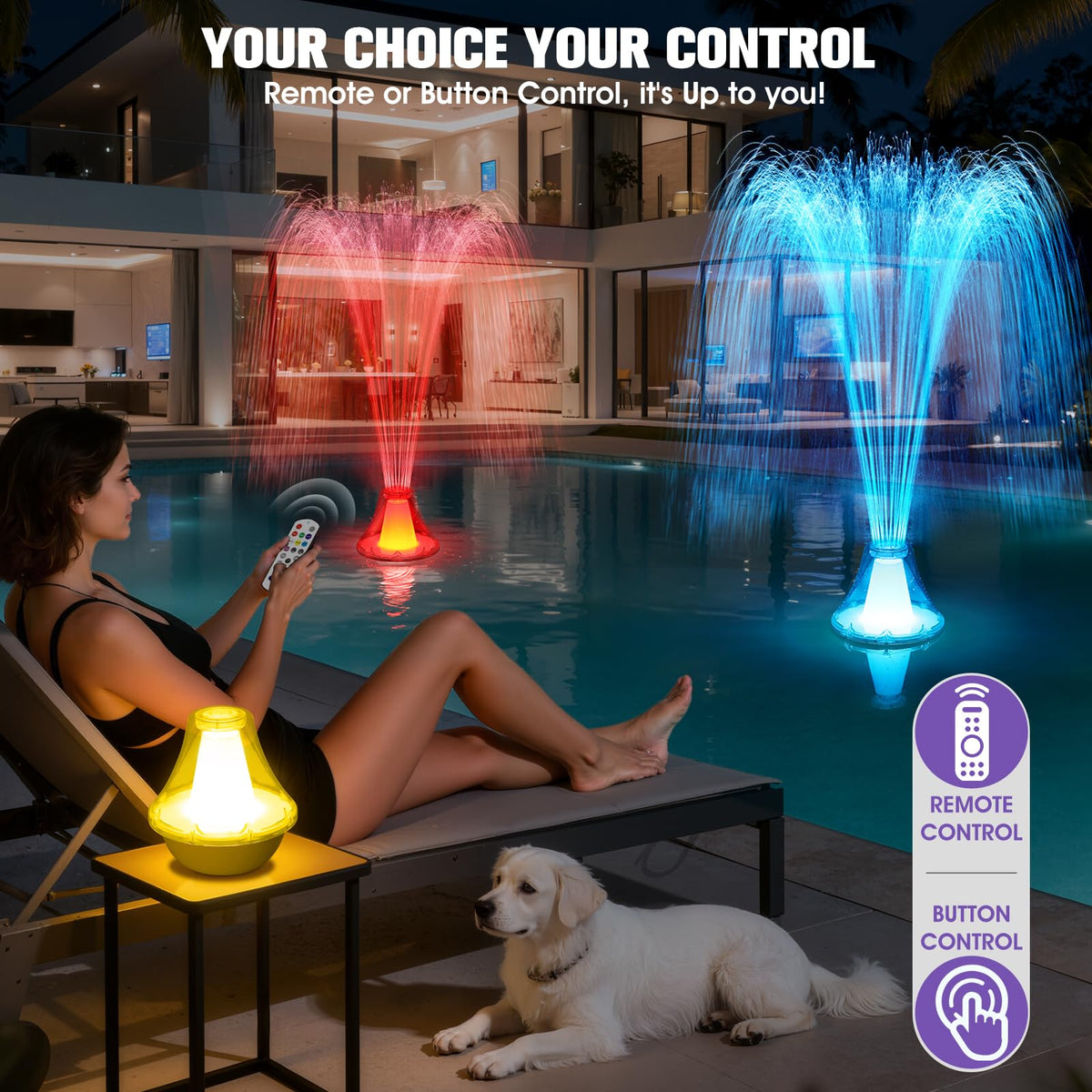 Ten light shows illuminate pool nights with customizable color scenes.
