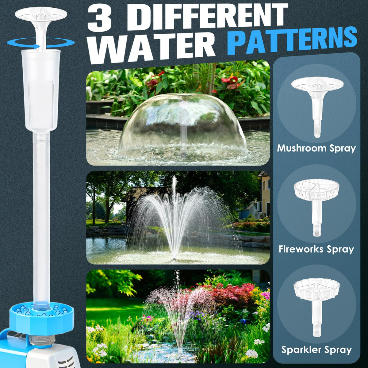 PoolPop three spray modes create dynamic fountain shapes for yards