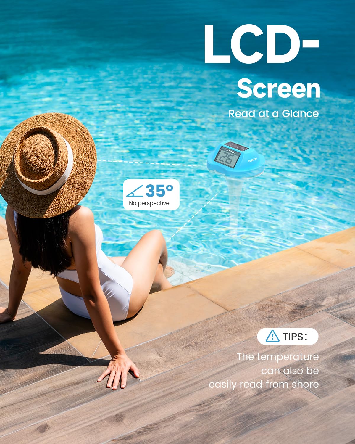 PoolPrime thermometer delivers 20ft visibility for quick checks.