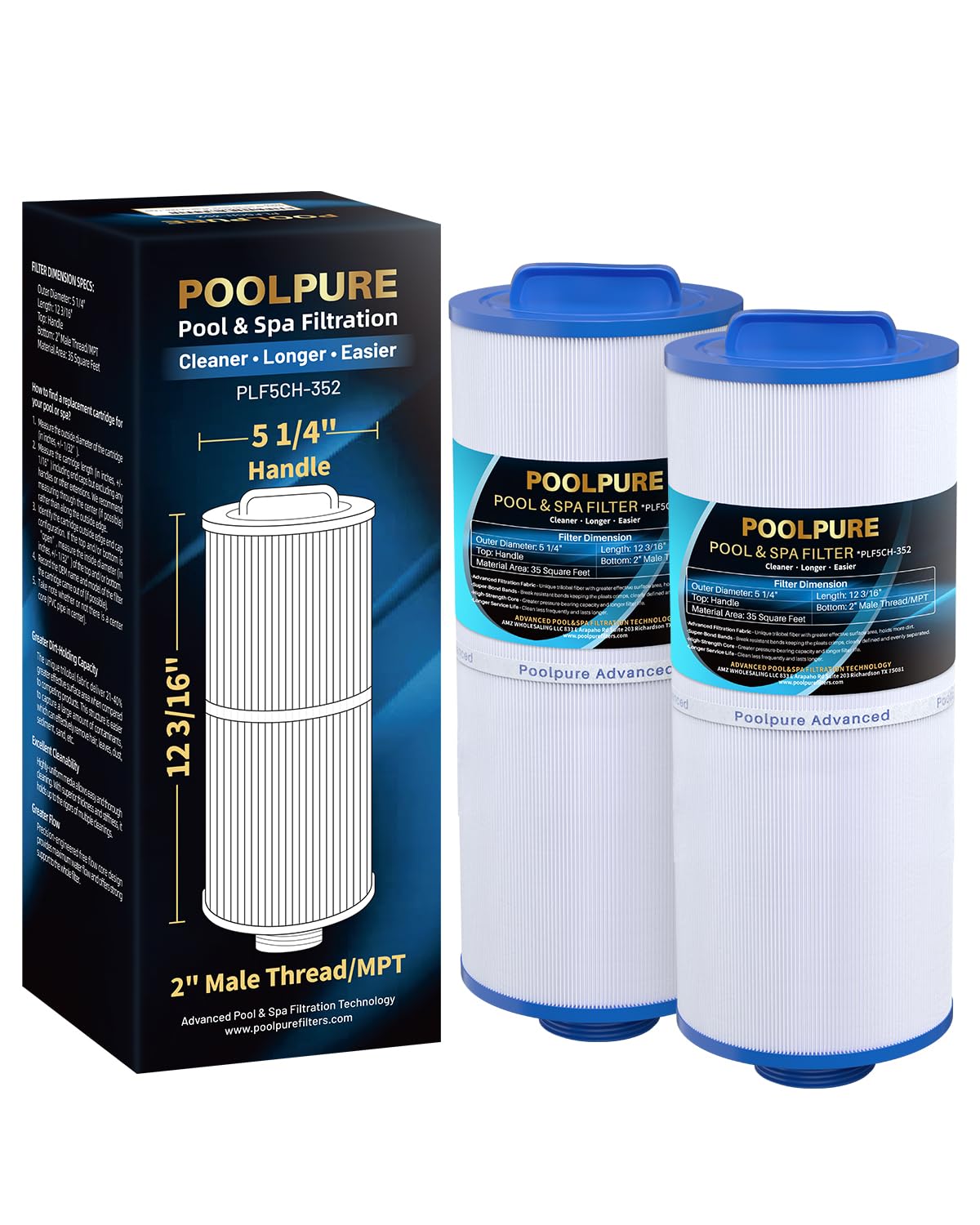 POOLPURE 5CH-352 spa filter front view with easy-grip handle for quick installation.