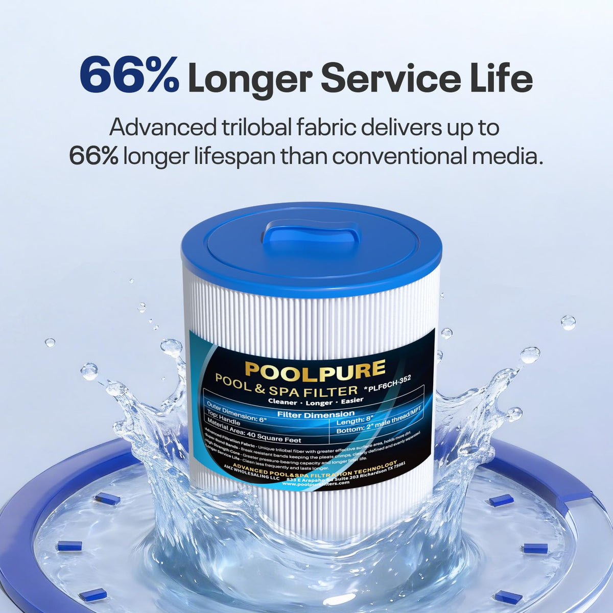 POOLPURE 6CH-352 filter with detailed specifications for installation