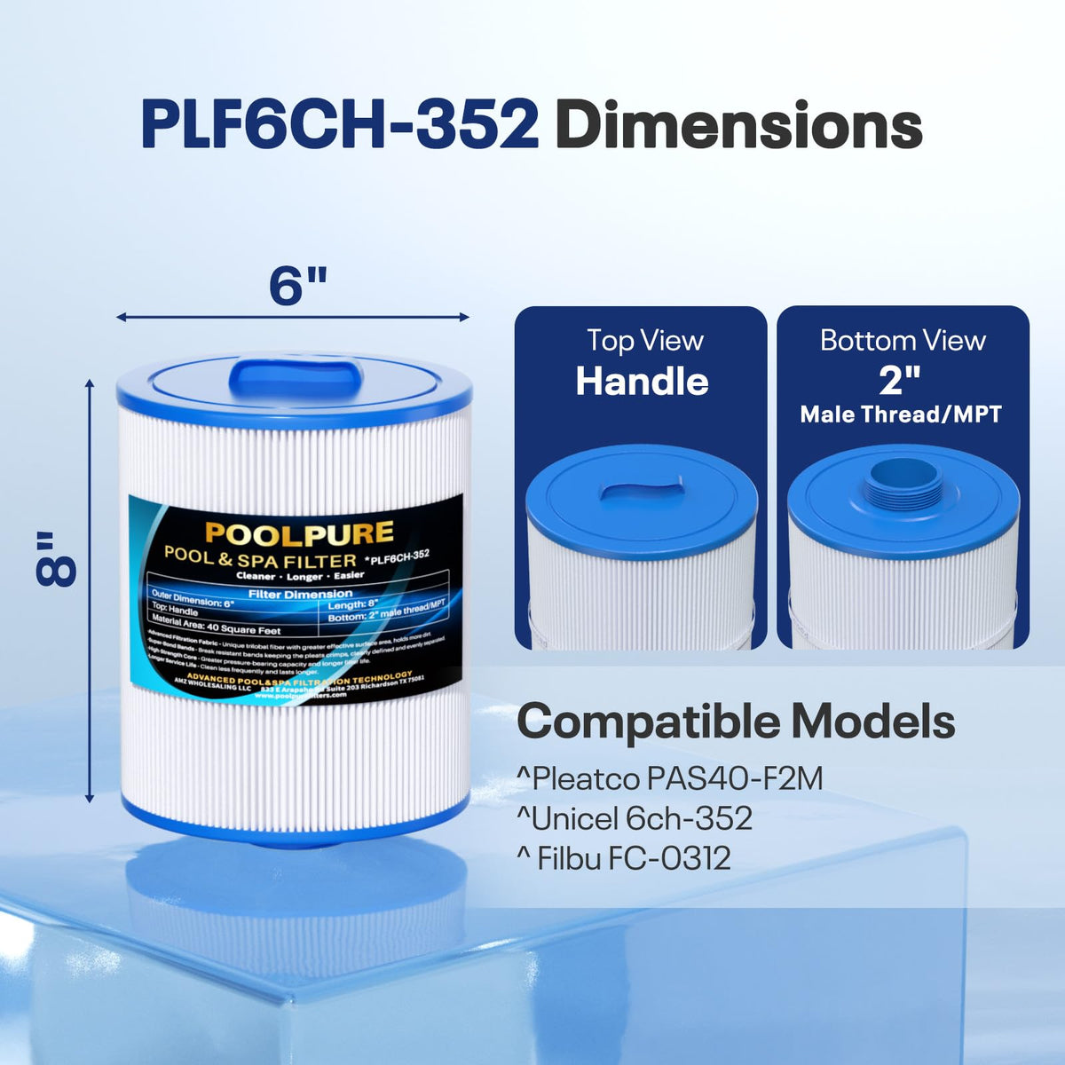 POOLPURE 6CH-352 filter with clear outer dimensions for fit checks