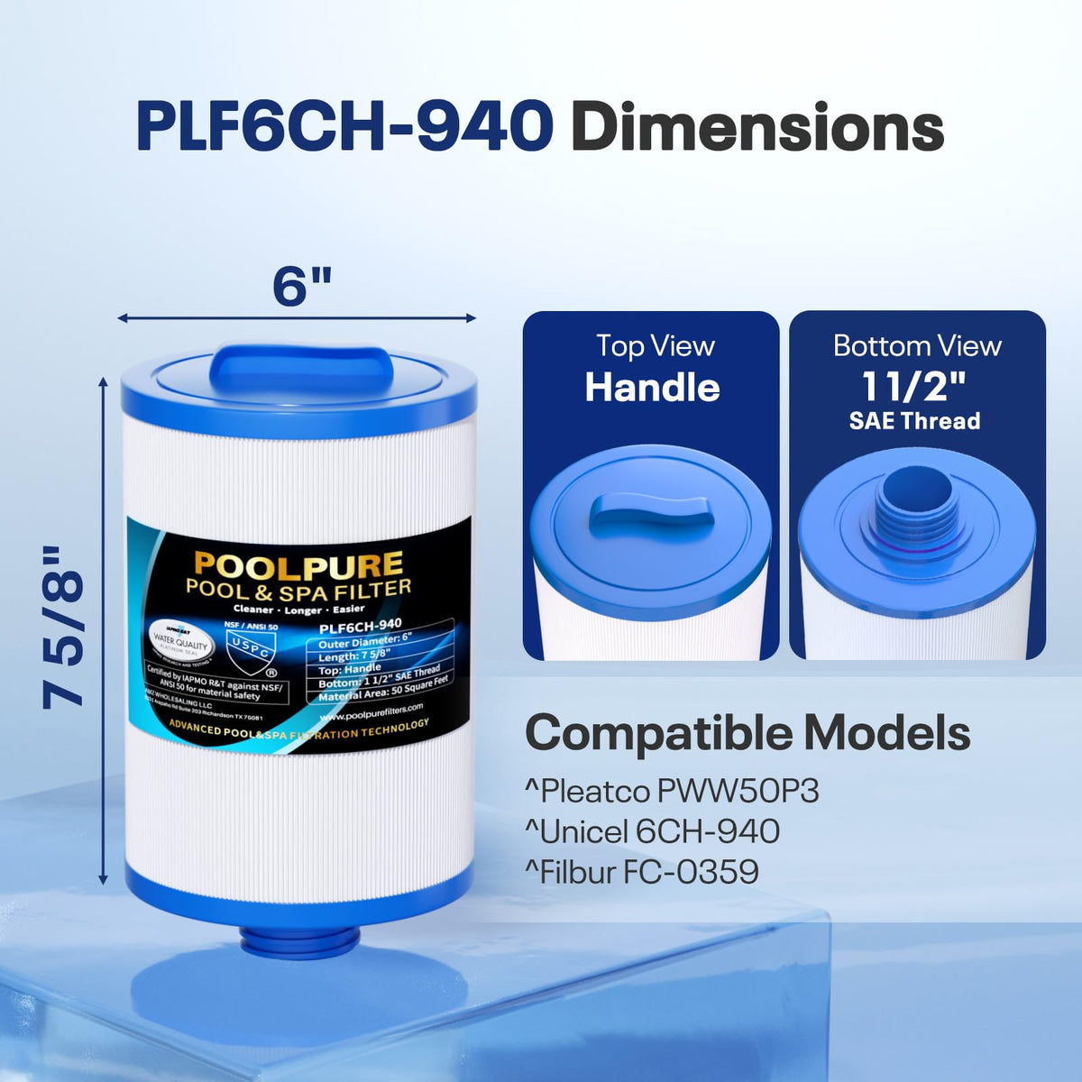 PoolPure 6CH-940 spa filter side view highlighting robust ABS end caps for long life