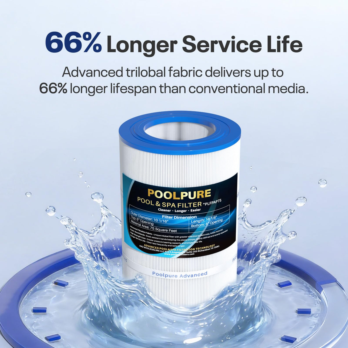 POOLPURE 75 sq ft filtration area supports strong flow and filtration.