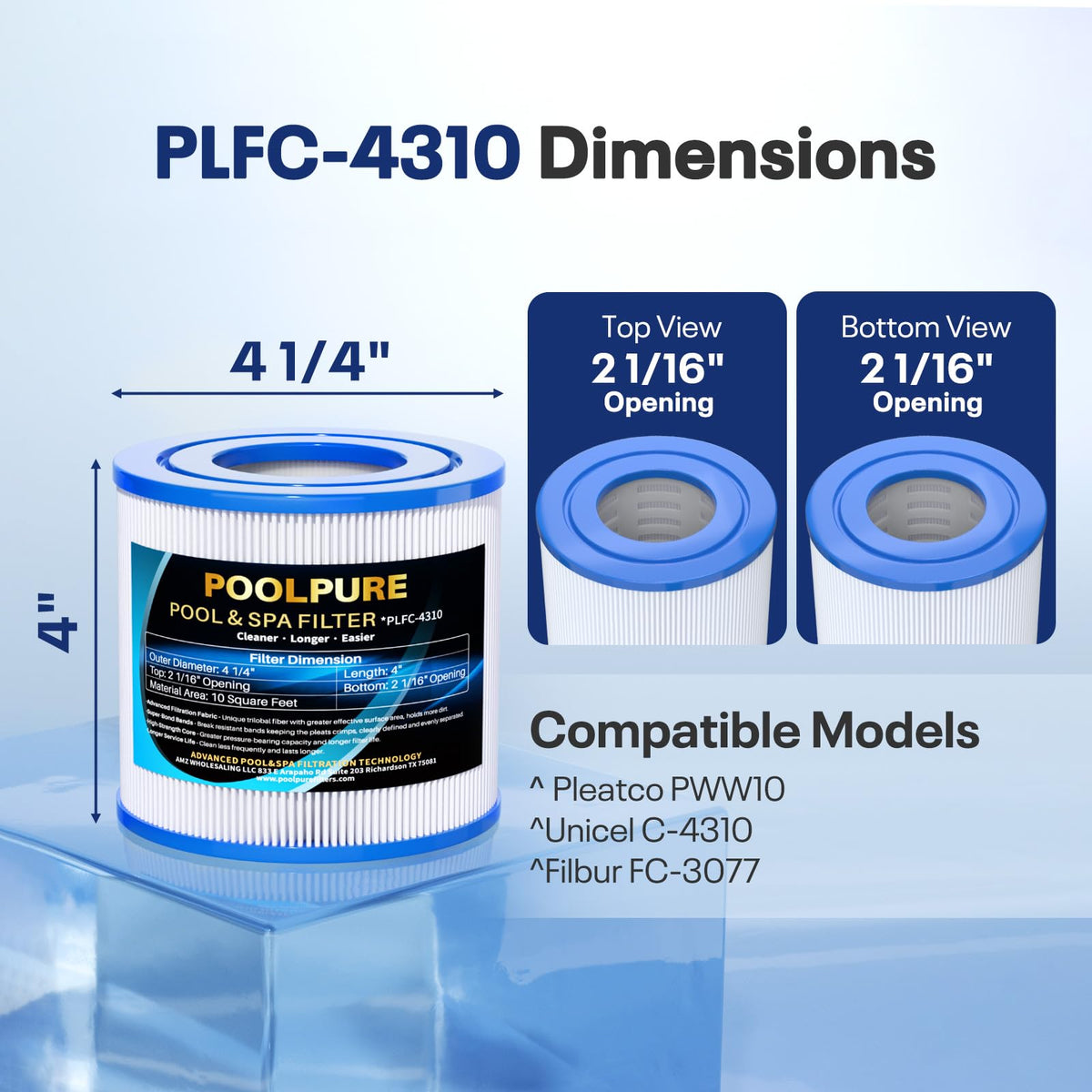 POOLPURE C-4310 spa filter delivers 10 sq ft filtration area for efficient cleaning.