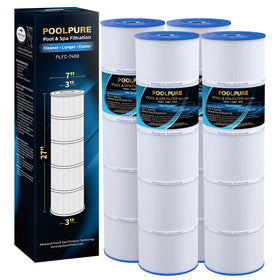 POOLPURE C-7459 filter cartridge packaging shown for easy four-pack replacement