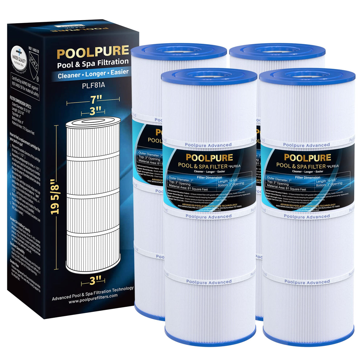 PoolPure CX580XRE filter core shows 81 sq ft area for clear water