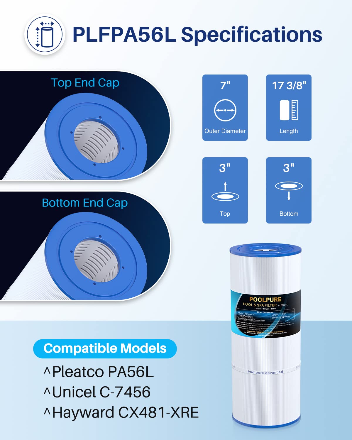 POOLPURE filter outer-dimensions—precise size for quick cartridge replacements.