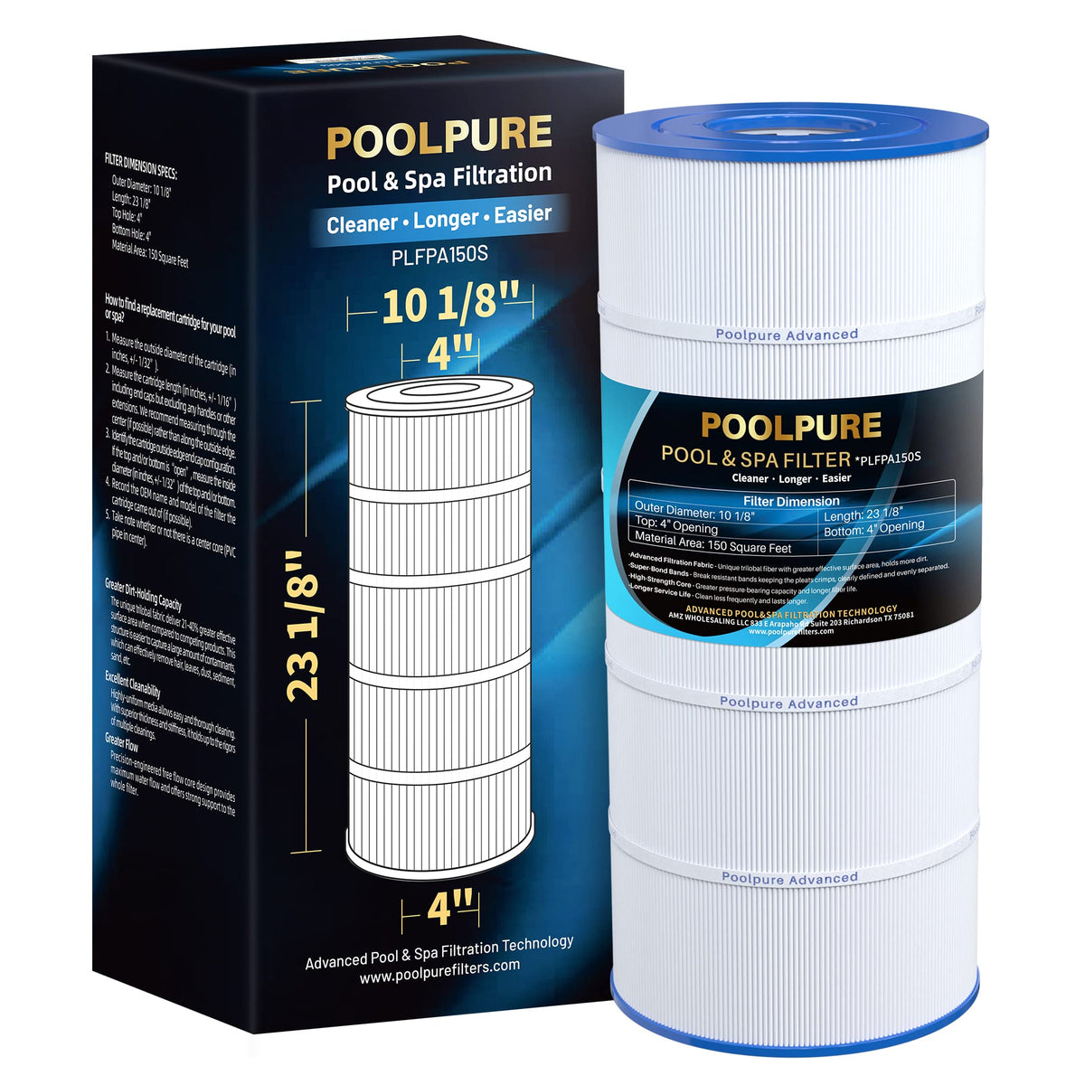 POOLPURE PA150S exterior view showing durable cartridge design for 150 sq ft filtration