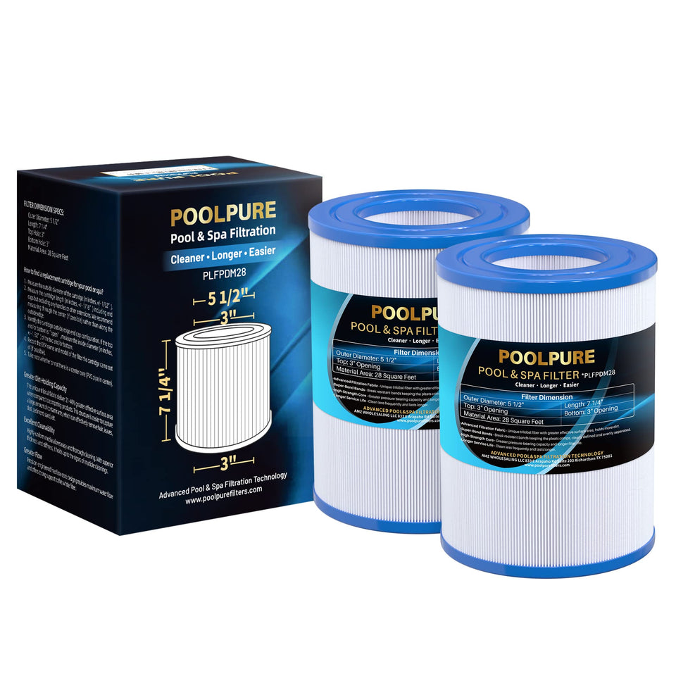 PoolPure PDM28 spa filter close-up highlighting durable cartridge for long life