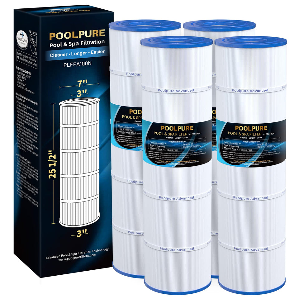 POOLPURE PLFPA100N filter cartridge shown for compatibility with multiple pool models.