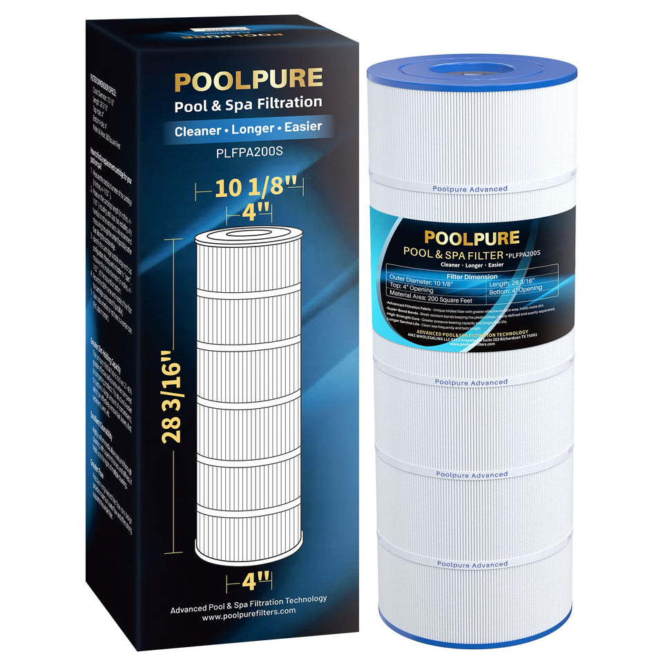 POOLPURE PLFPA200S filter cartridge, front view, durable end caps for longevity
