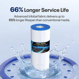 POOLPURE PLFPJANCS100 maintenance ease image emphasizes simple cleaning and long cartridge life.