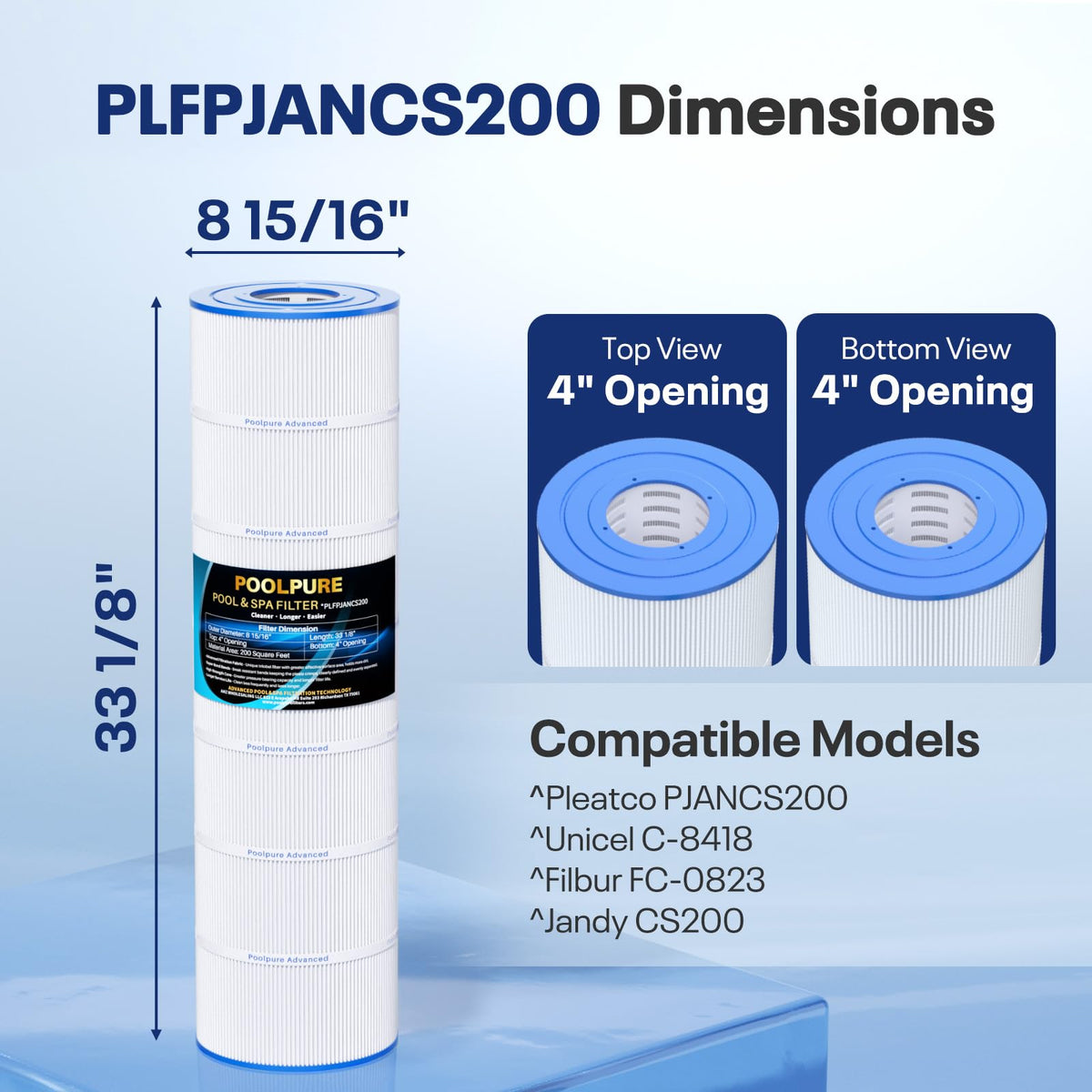 POOLPURE PLFPJANCS200 compatibility chart demonstrates cross-brand filter options.