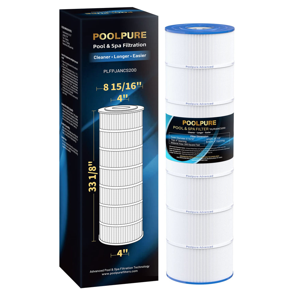 POOLPURE PLFPJANCS200 cartridge close-up reveals trilobal fabric for efficient particle capture.
