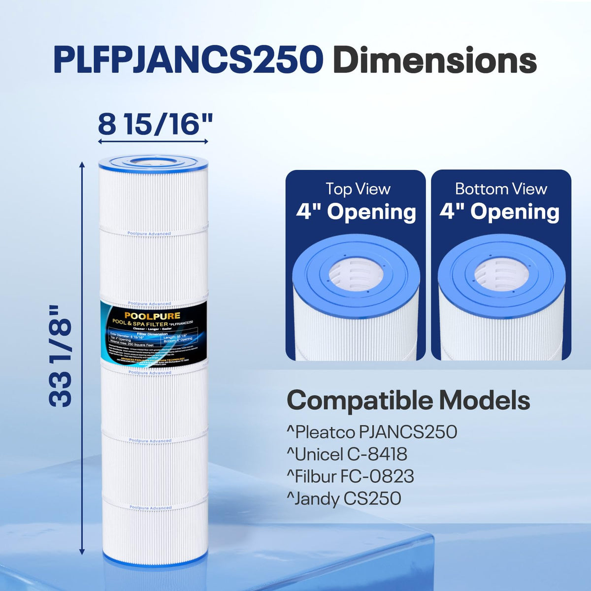 POOLPURE PLFPJANCS250 side view shows compatibility with common pool filters