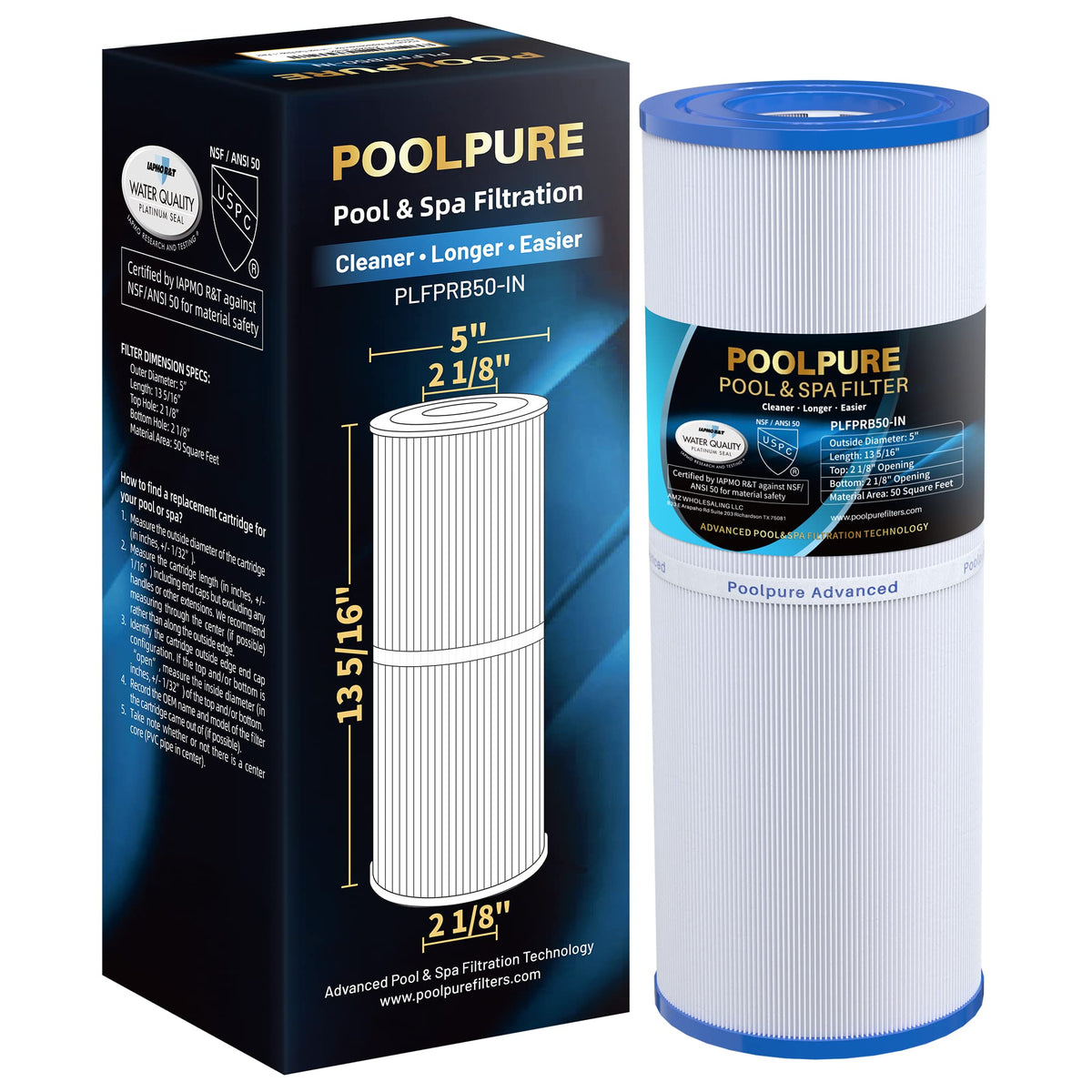 PoolPure PLFPRB50-IN spa filter assembly shows durable end caps for long-lasting performance