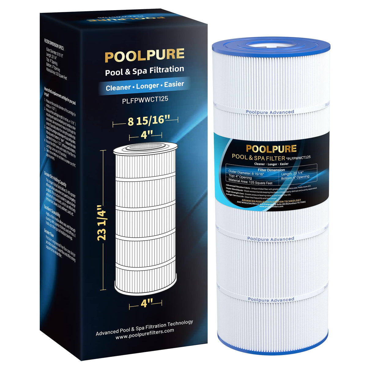POOLPURE PLFPWWCT125 front view filter cartridge for clear pool water.