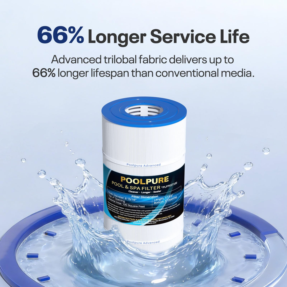 POOLPURE PLFPXST100 dimensions show precise 17-3-8 x 8-15-16 fit.