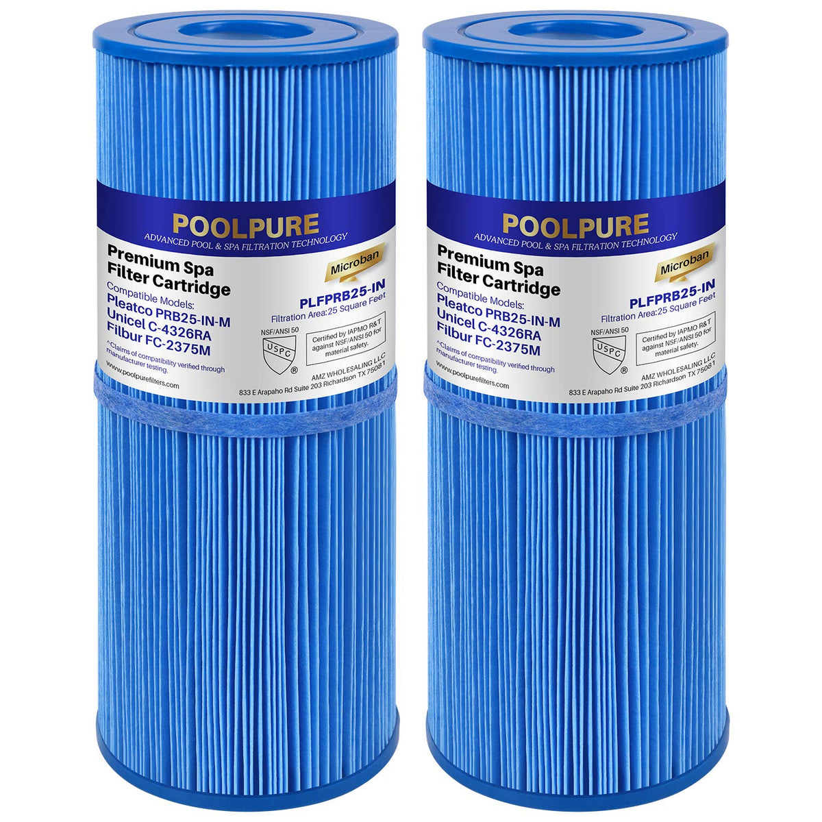 PoolPure PRB25-IN-M spa filter front view emphasizes durable antimicrobial filtration.